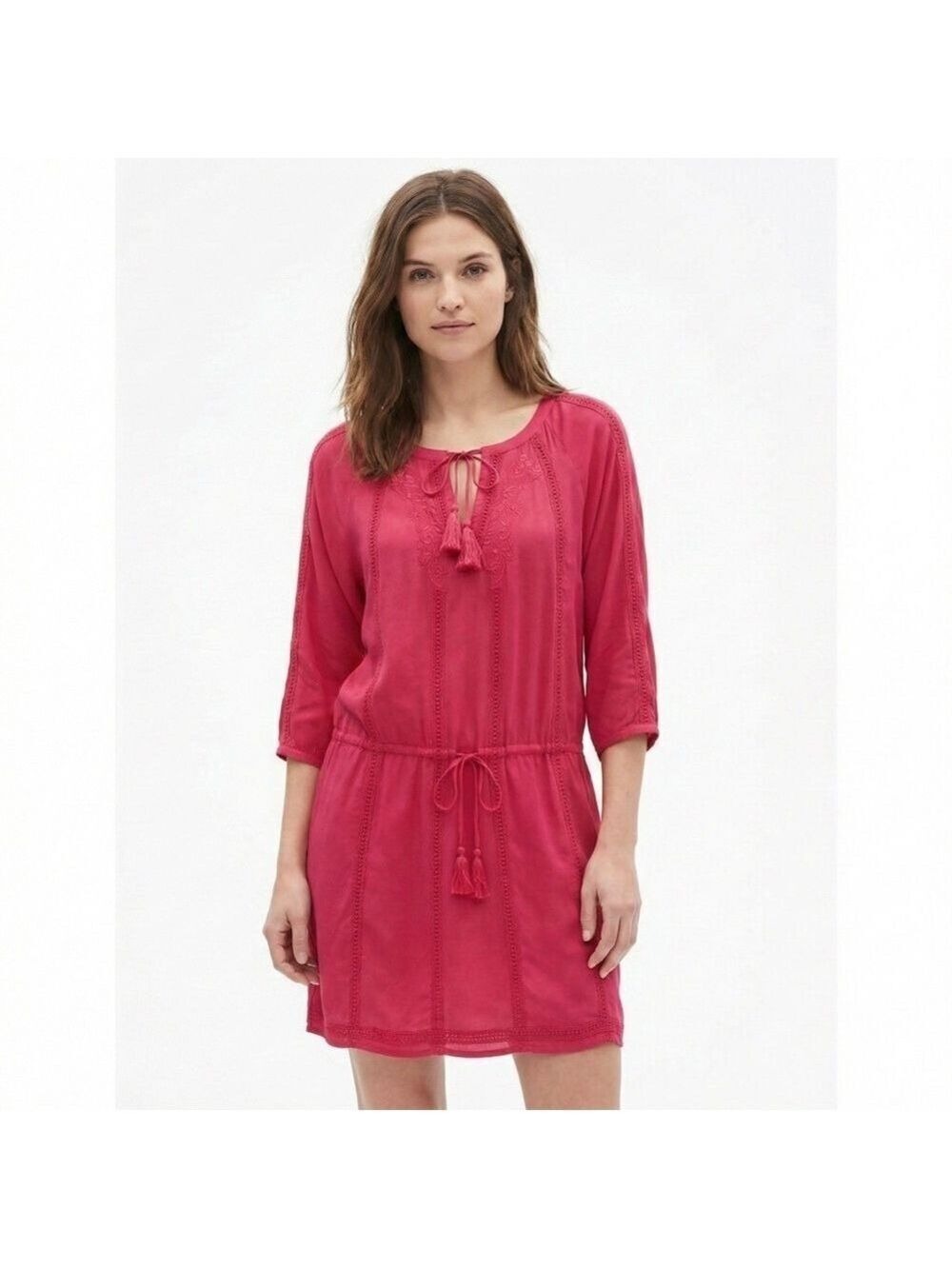 GAP FACTORY Boho Embroidered Dress Drop Waist Tassel Ties at Neck Dark Pink Sz M